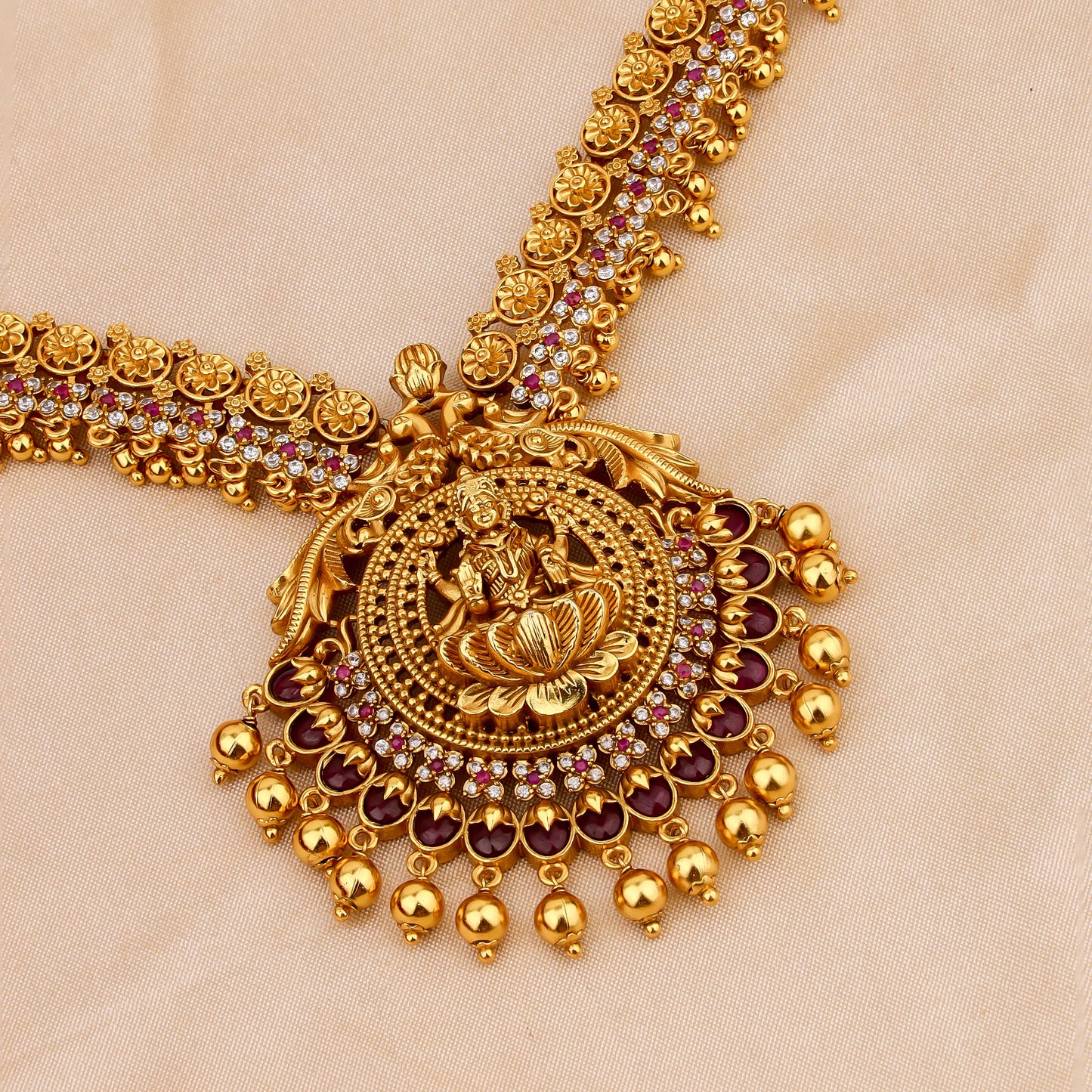Exquisite Gold-Plated Necklace Set with Pink and White Stones - Traditional Bridal Jewelry