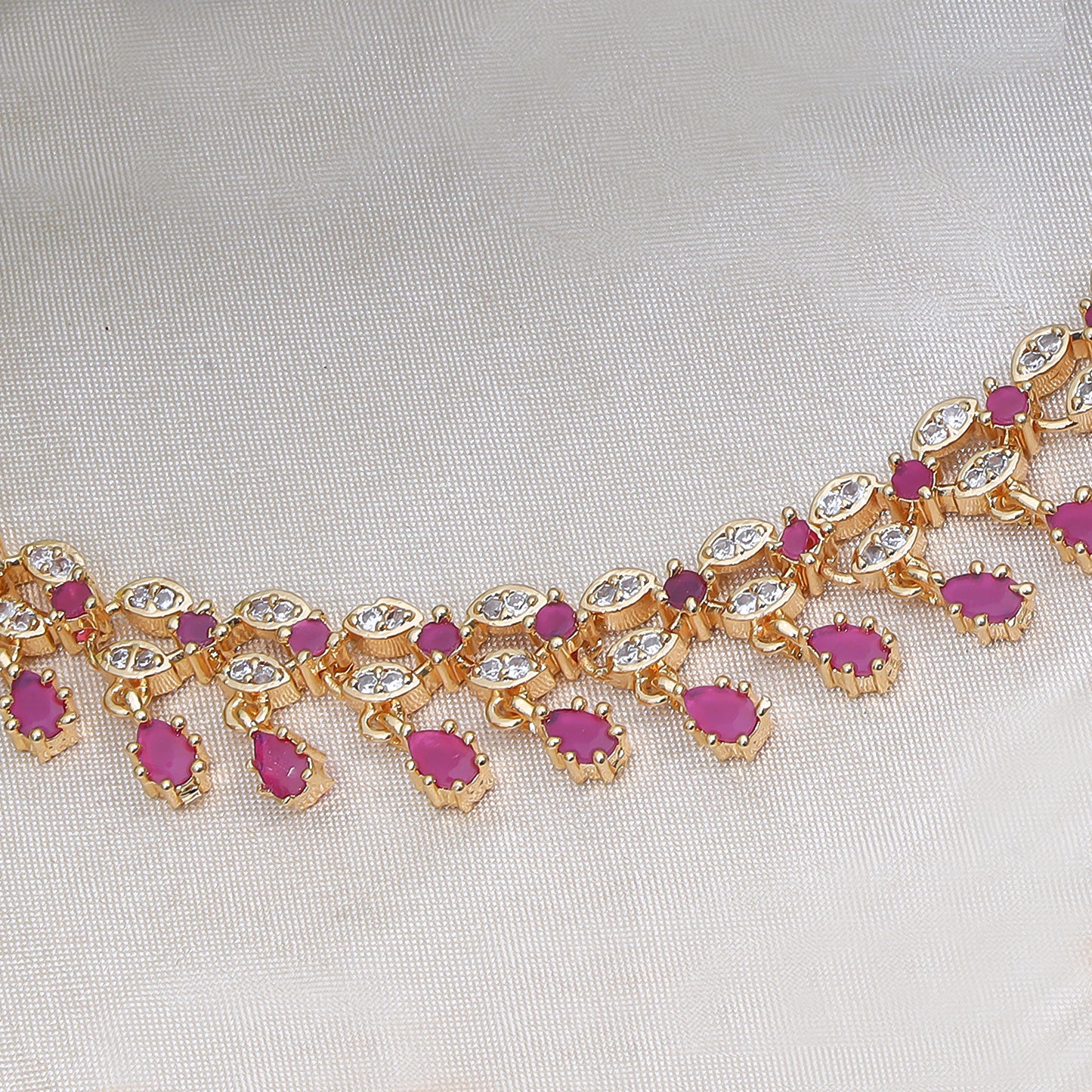 Elegant Ruby and Diamond Teardrop Necklace Set with Gold Finish