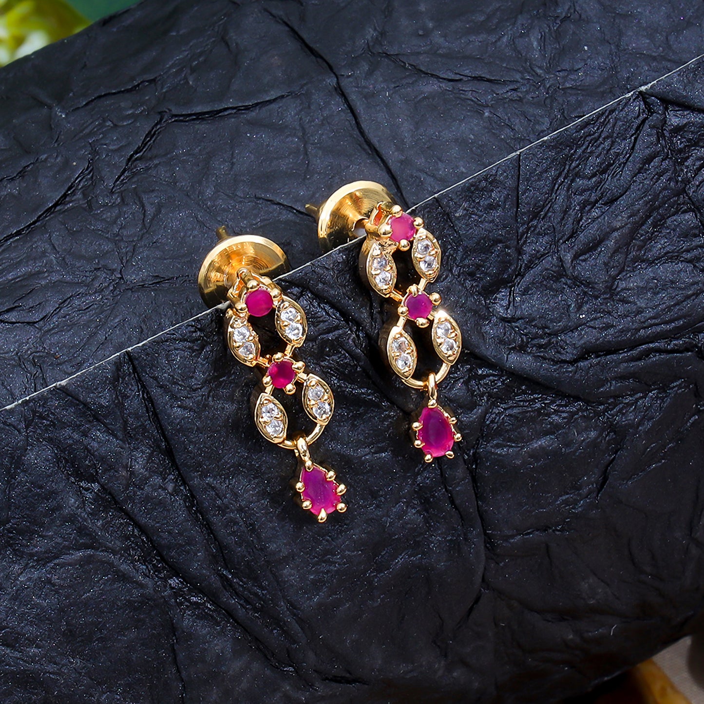 Elegant Ruby and Diamond Teardrop Necklace Set with Gold Finish