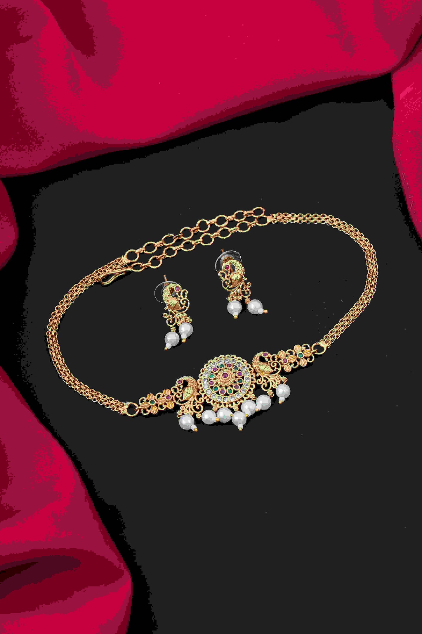 Elegant Gold-Toned Mini Choker Set with Ruby and Pearl Accents