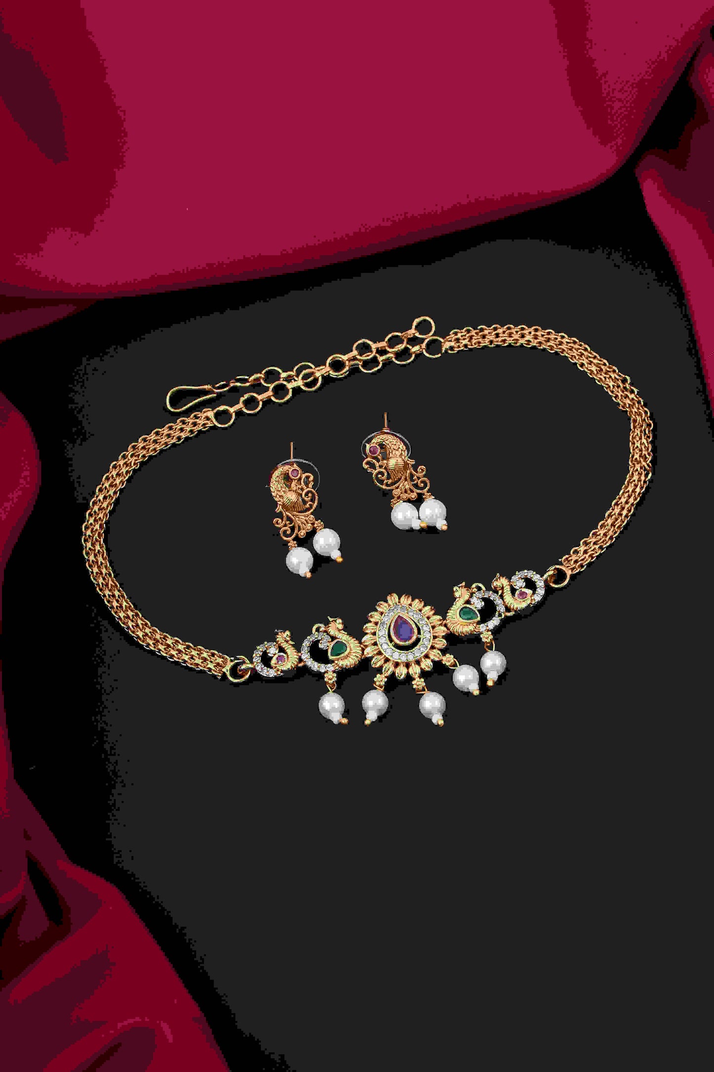 Elegant Gold-Toned Mini Choker Set with Ruby and Pearl Accents