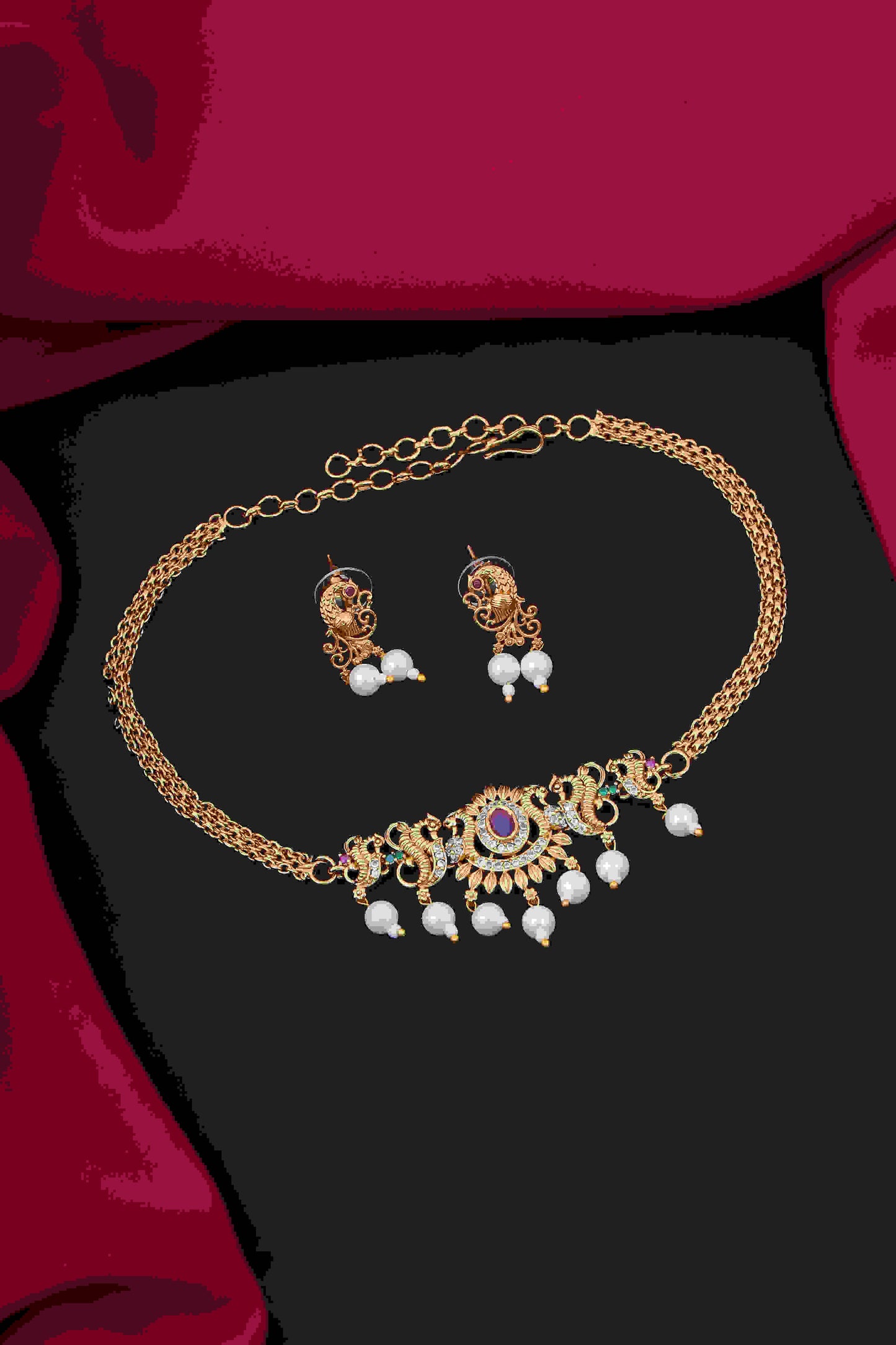 Elegant Gold-Toned Mini Choker Set with Ruby and Pearl Accents