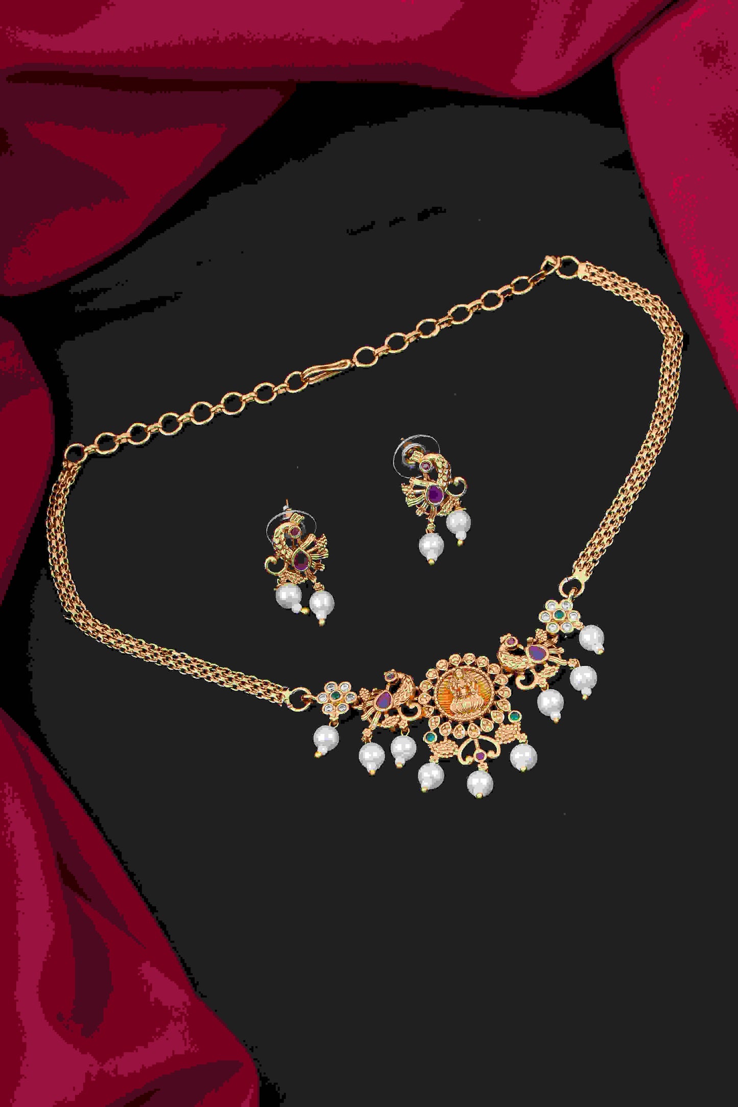 Elegant Gold-Toned Mini Choker Set with Ruby and Pearl Accents