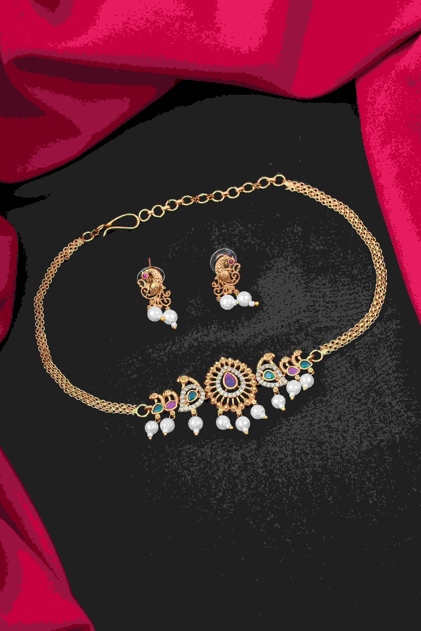 Elegant Gold-Toned Mini Choker Set with Ruby and Pearl Accents