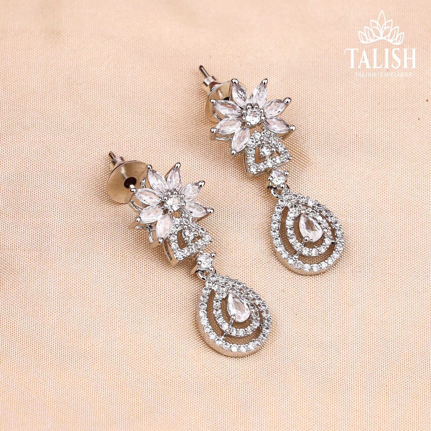 Elegant Silver-Plated Necklace Set with Intricate Floral Design and Sparkling American Diamond Stones