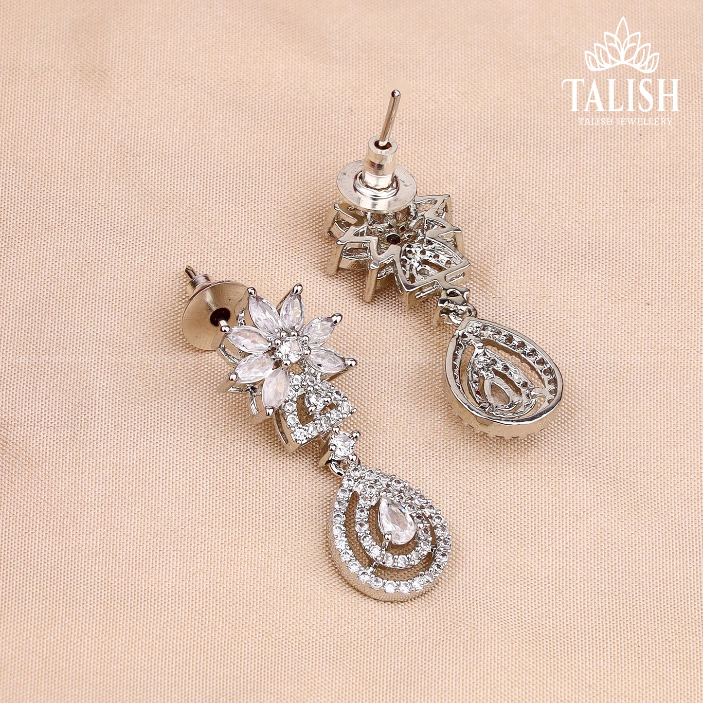 Elegant Silver-Plated Necklace Set with Intricate Floral Design and Sparkling American Diamond Stones