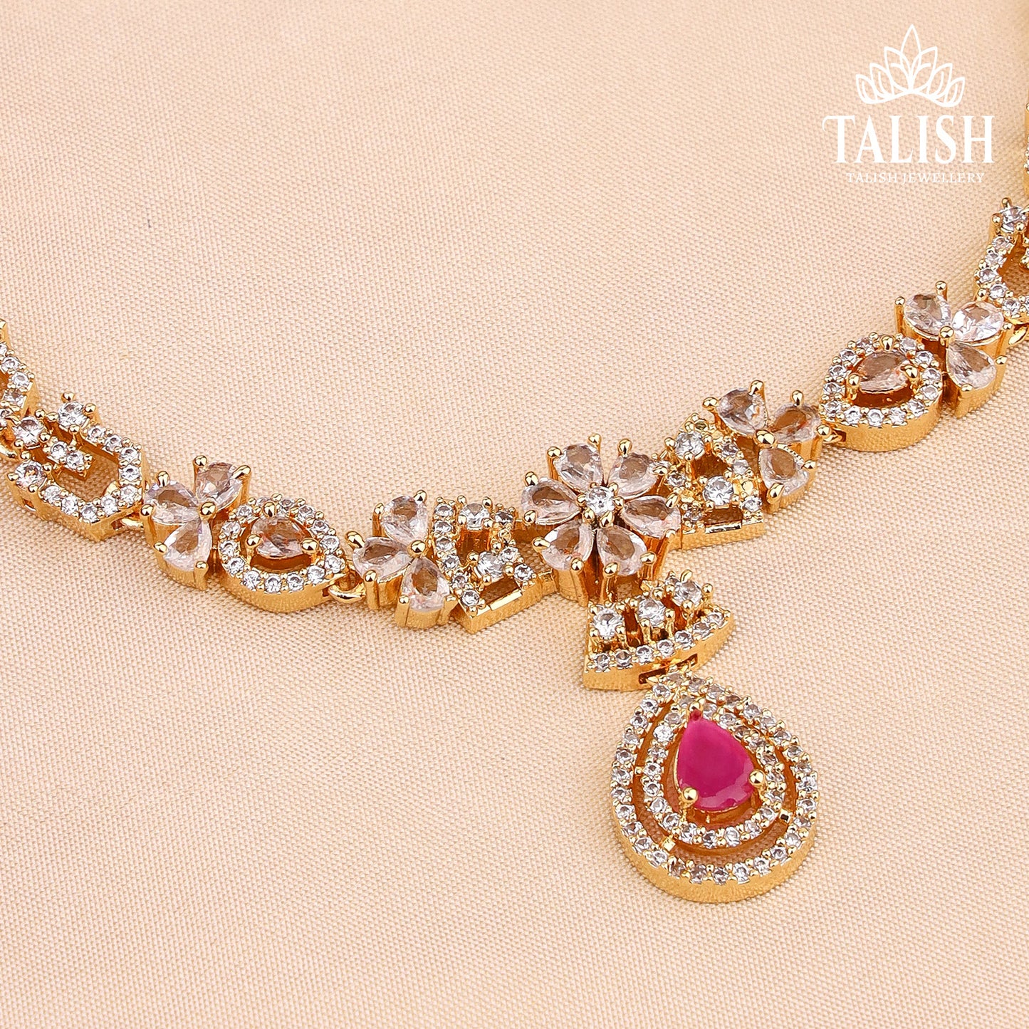 Gold-Plated Floral Necklace Set with Pink and White American Diamond Stones