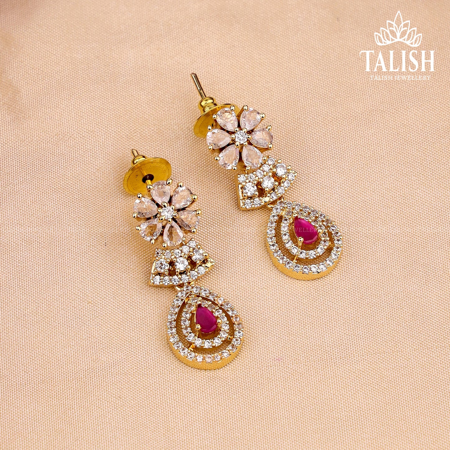 Gold-Plated Floral Necklace Set with Pink and White American Diamond Stones