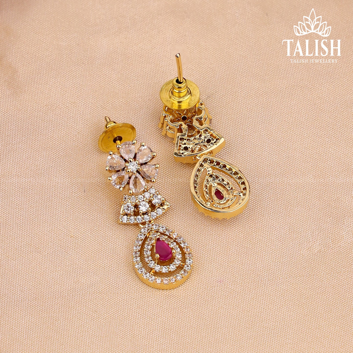 Gold-Plated Floral Necklace Set with Pink and White American Diamond Stones