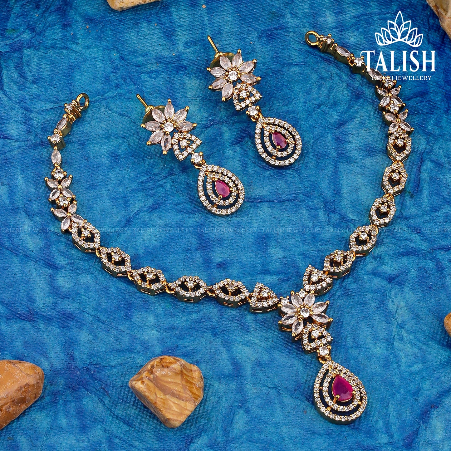 Gold-Plated Floral Necklace Set with Pink and White American Diamond Stones