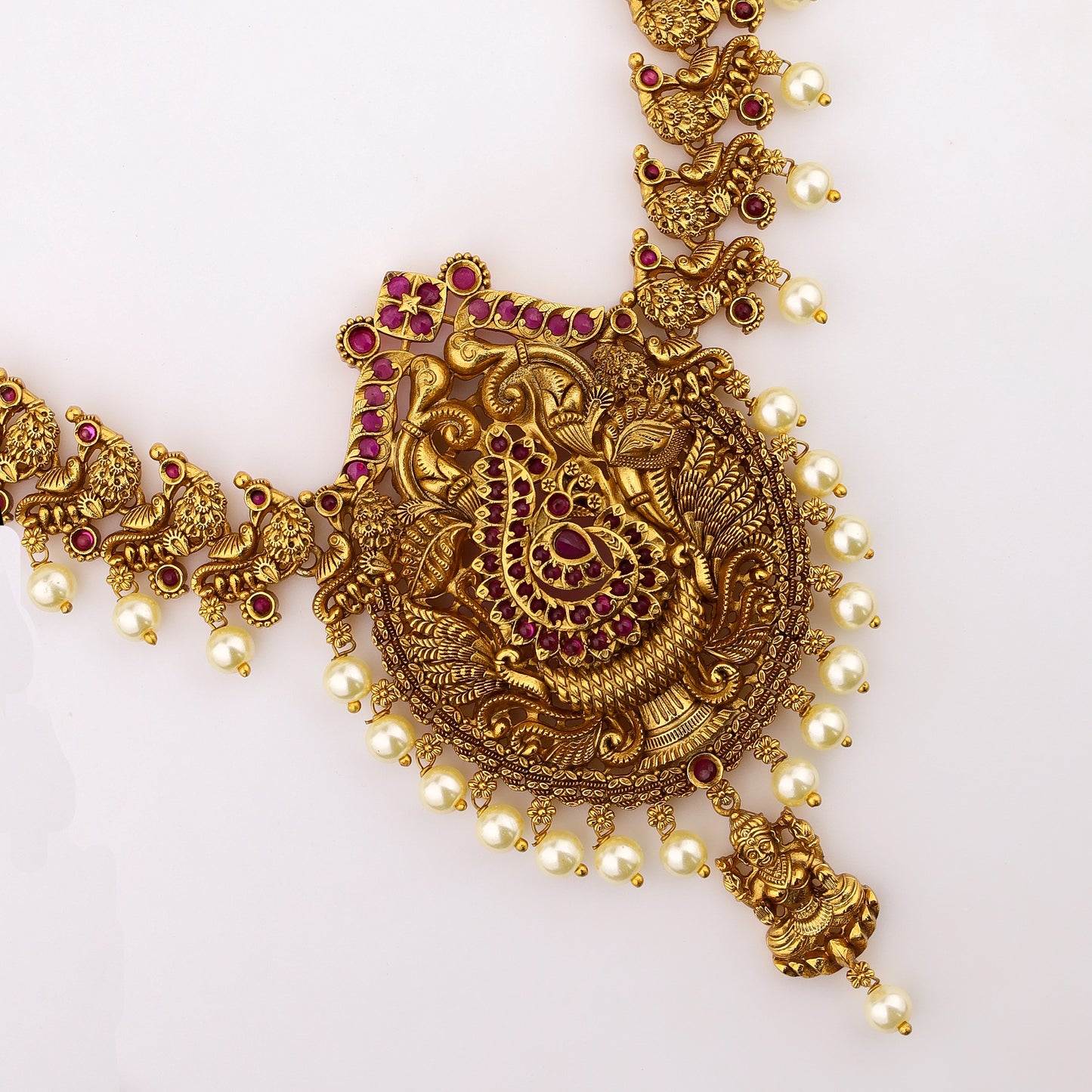 Exquisite Gold-Plated Temple Jewelry Set with Red and White Stones - Necklace & Earrings