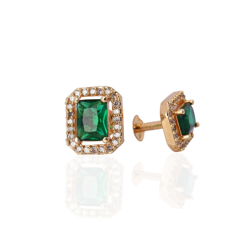 Gold earrings with green gemstones and small surrounding diamonds.