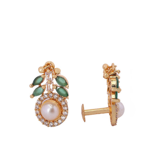 A pair of gold stud earrings featuring a central pearl surrounded by small clear stones, with green and white stone accents above.