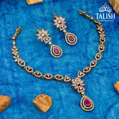 Gold-Plated Floral Necklace Set with Pink and White American Diamond Stones