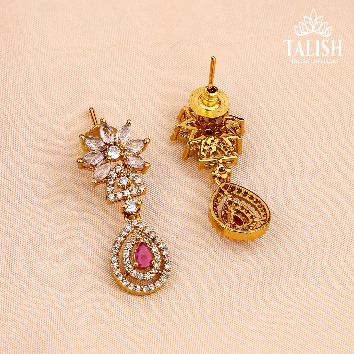 Gold-Plated Floral Necklace Set with Pink and White American Diamond Stones
