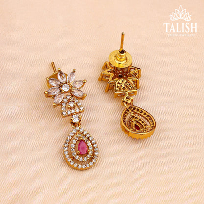 Gold-Plated Floral Necklace Set with Pink and White American Diamond Stones