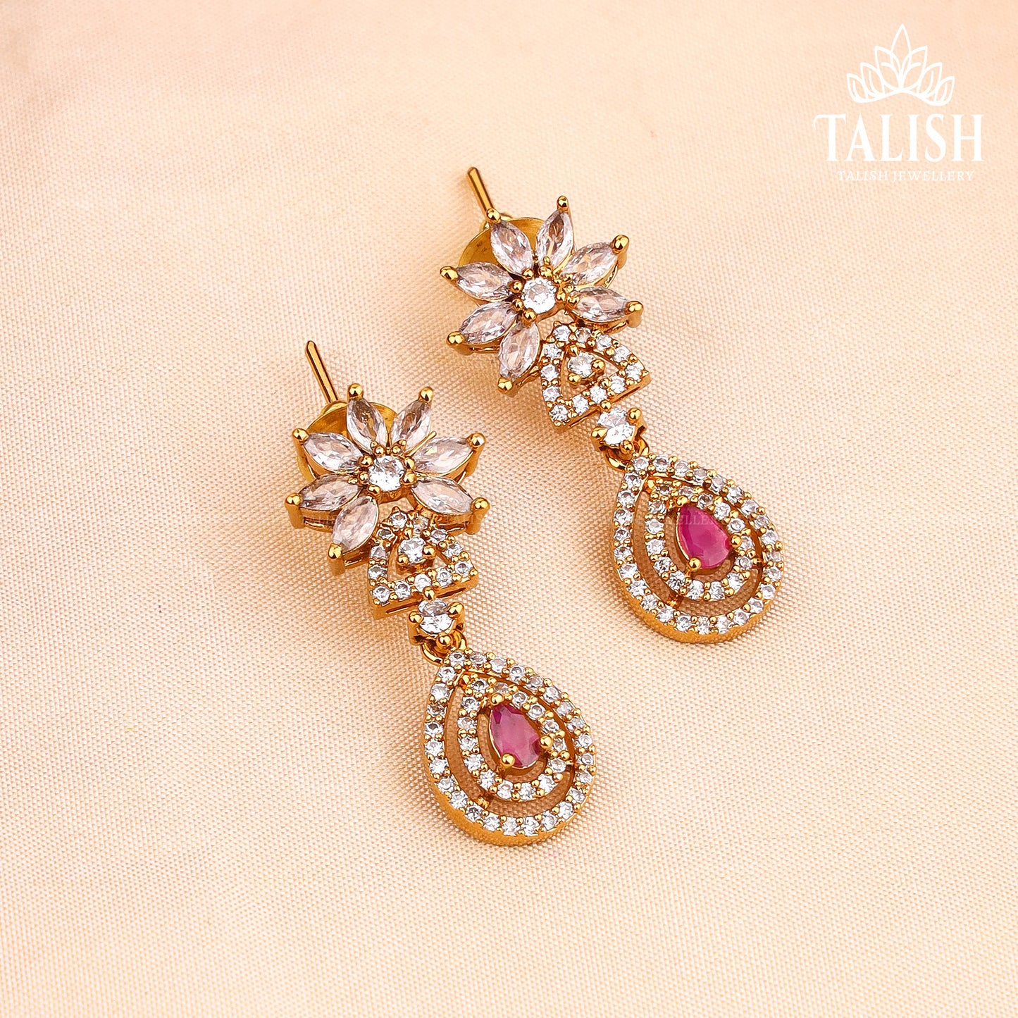 Gold-Plated Floral Necklace Set with Pink and White American Diamond Stones