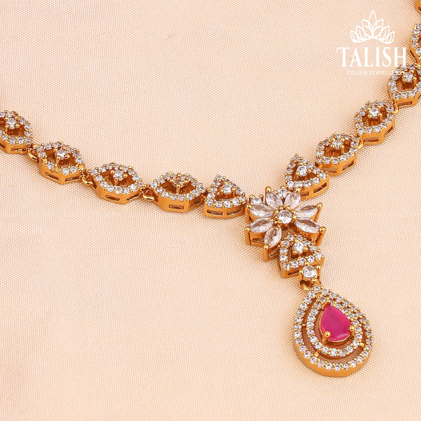 Gold-Plated Floral Necklace Set with Pink and White American Diamond Stones