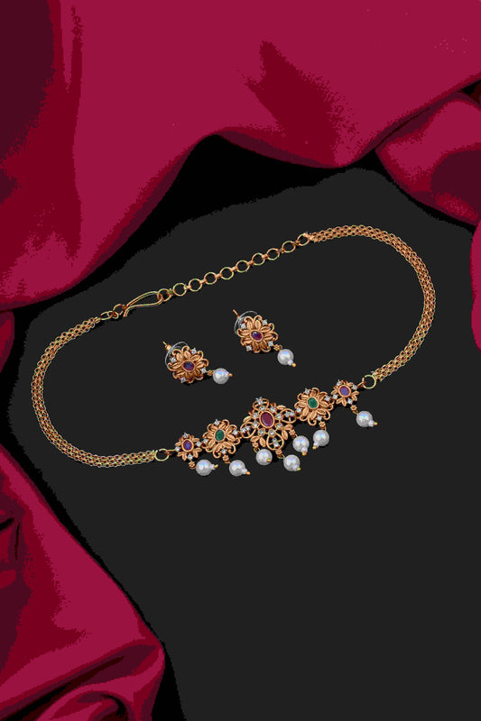 Elegant Gold-Toned Mini Choker Set with Ruby and Pearl Accents