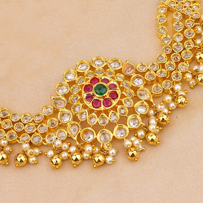 Gold-Plated Necklace & Earring Set with Red, Green, and Clear Stones - Elegant Bridal Jewelry