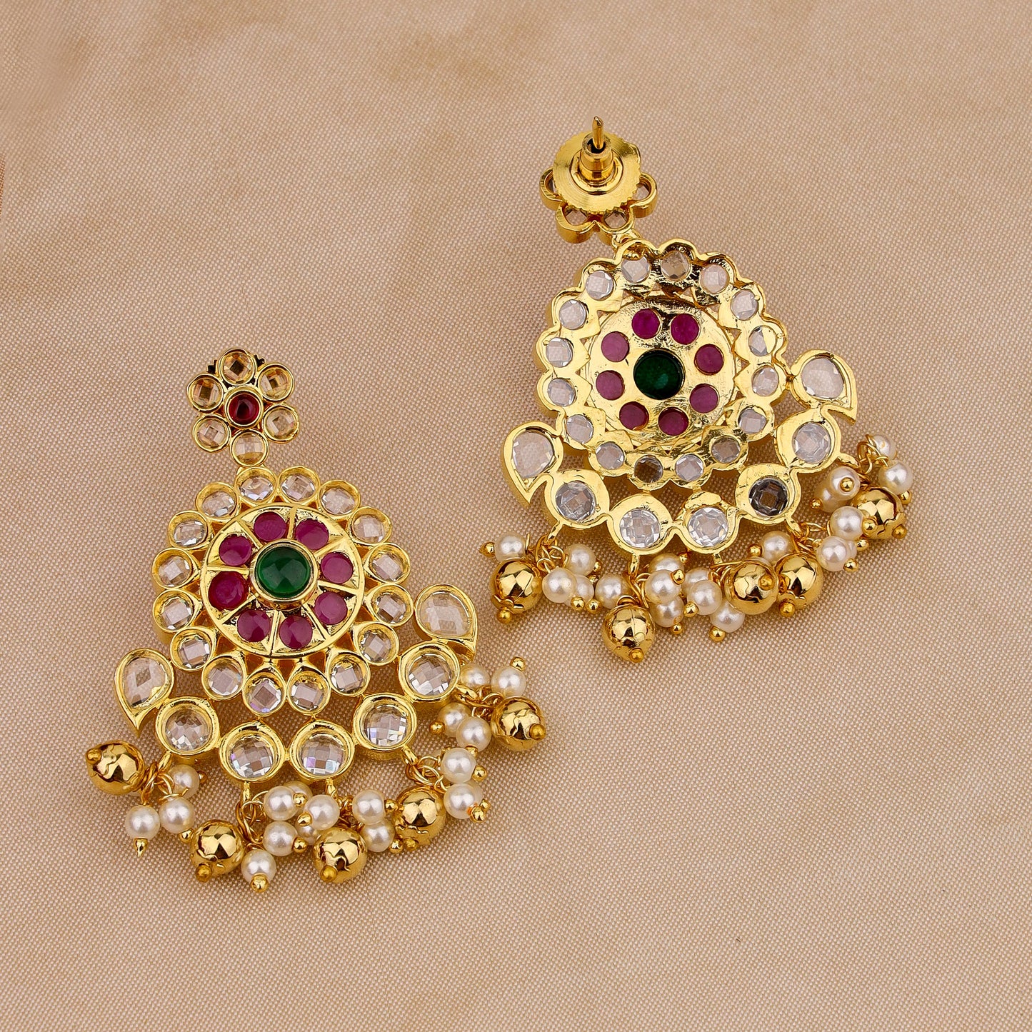 Gold-Plated Necklace & Earring Set with Red, Green, and Clear Stones - Elegant Bridal Jewelry