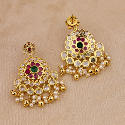 Gold-Plated Necklace & Earring Set with Red, Green, and Clear Stones - Elegant Bridal Jewelry
