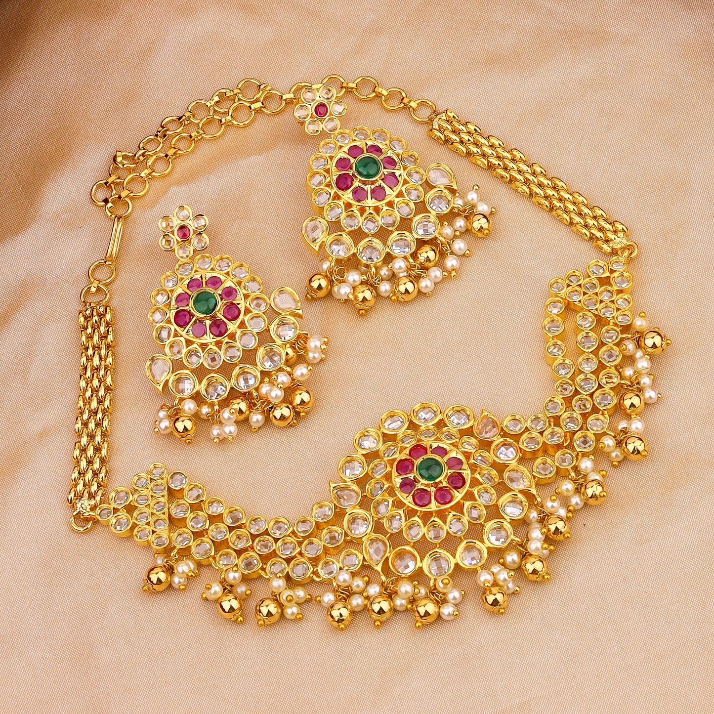Gold-Plated Necklace & Earring Set with Red, Green, and Clear Stones - Elegant Bridal Jewelry