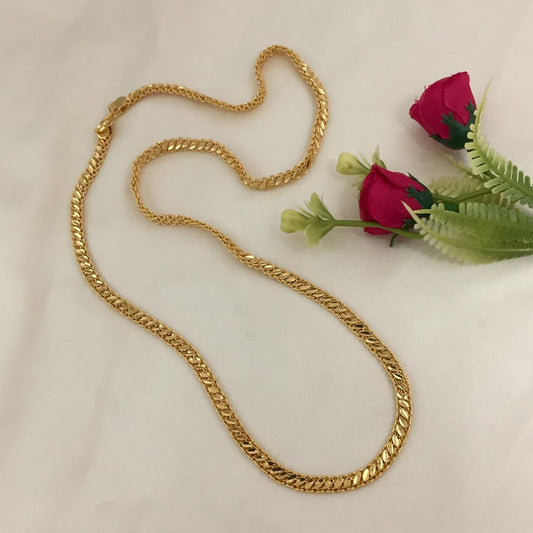 A gold chain necklace with a herringbone pattern.