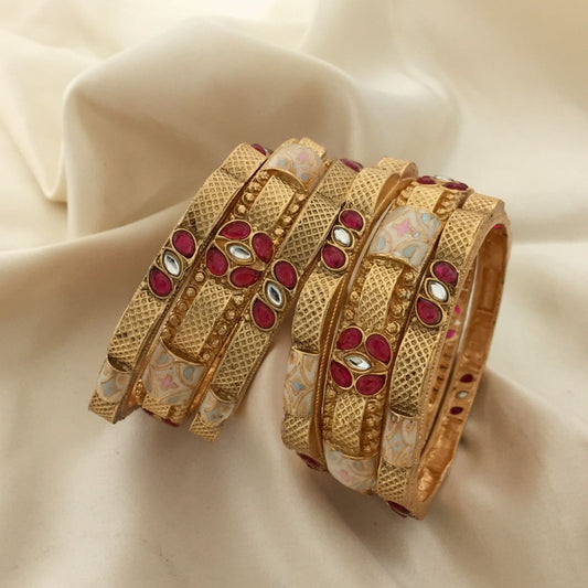 Gold Plated Bangles with Red and White Stones