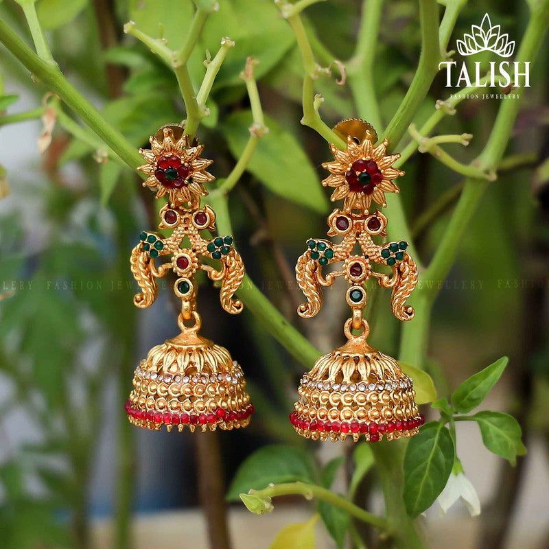 Elegant gold-plated jhumka earrings featuring intricate designs adorned with vibrant red and green stones, perfect for adding a touch of sophistication to any outfit.