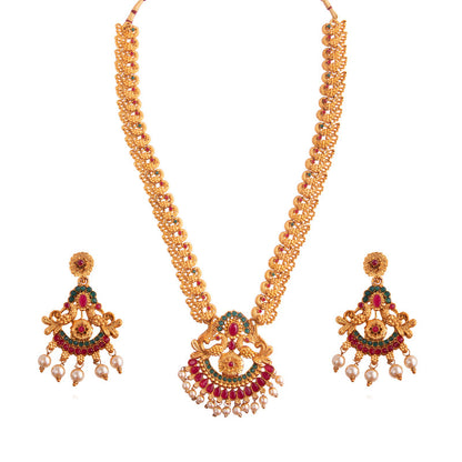 Gold necklace with intricate design and matching earrings adorned with red and green gemstones and pearl drops.