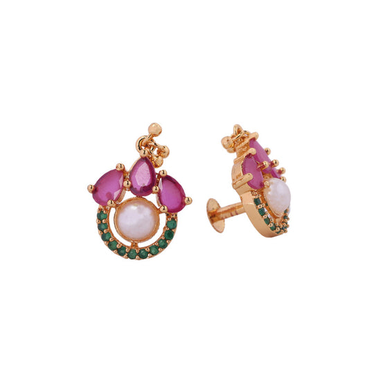 Gold earrings with a circular design featuring green gemstones, pink teardrop-shaped stones, and a central white pearl.