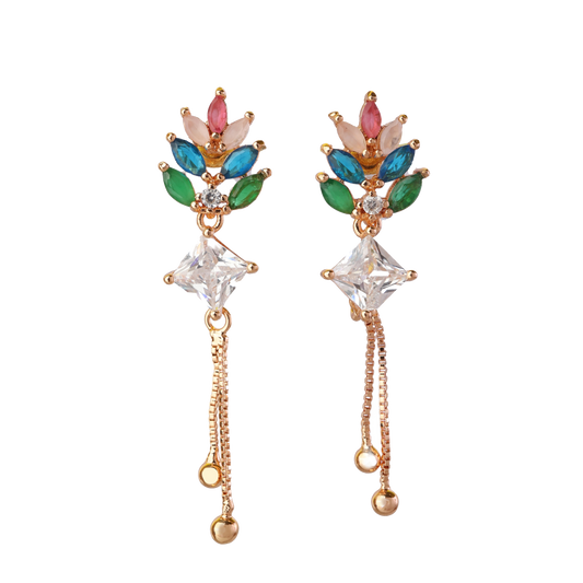 Gold earrings with multicolored gemstones and dangling chains.