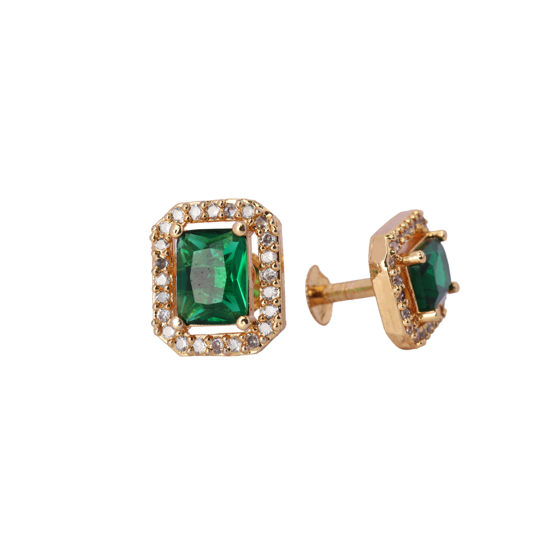 Gold earrings with square green gemstones surrounded by small clear stones.