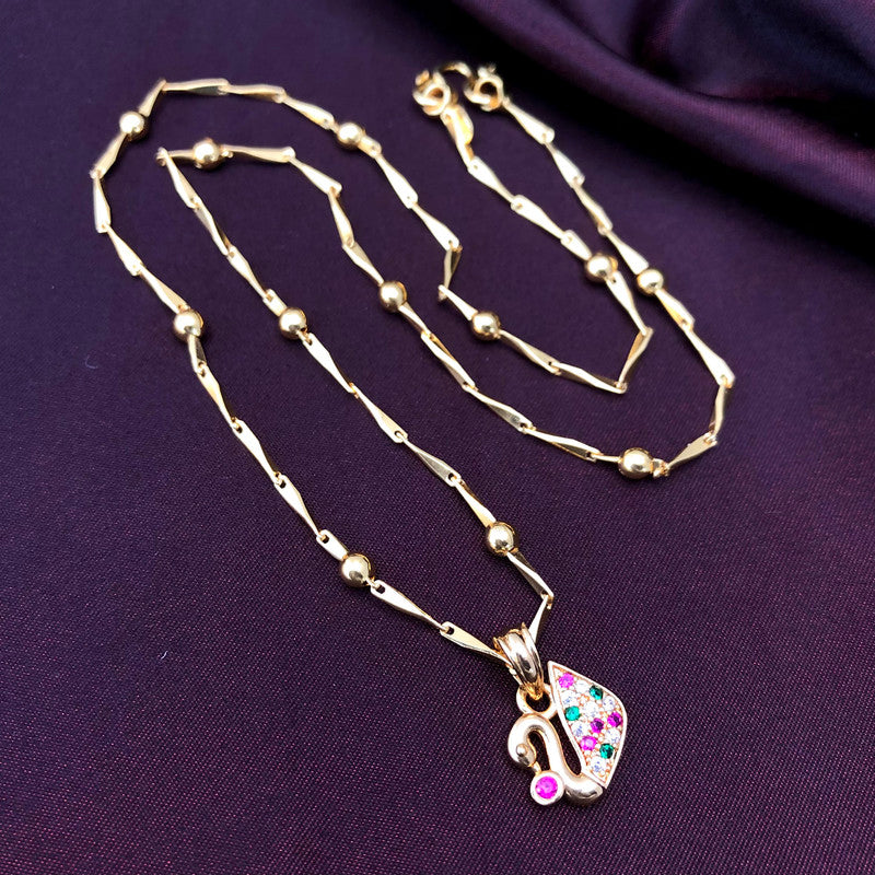 A gold necklace with a swan-shaped pendant adorned with colorful gemstones.