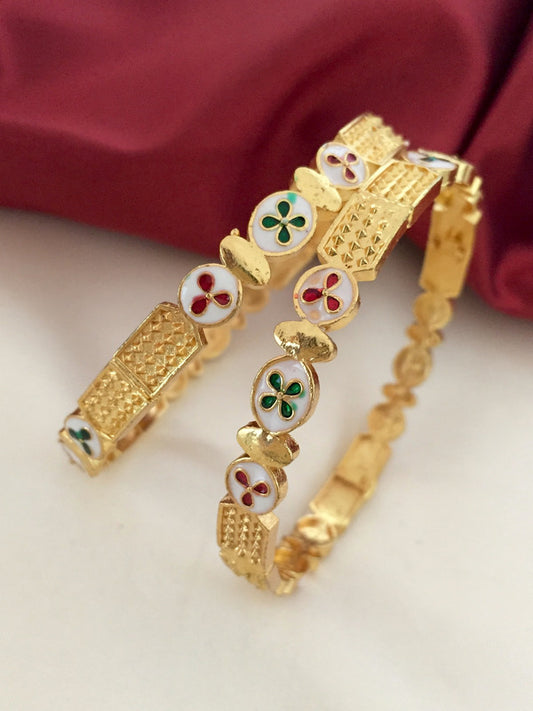 Flower Embossed Enamel Bangles - 2 Pcs