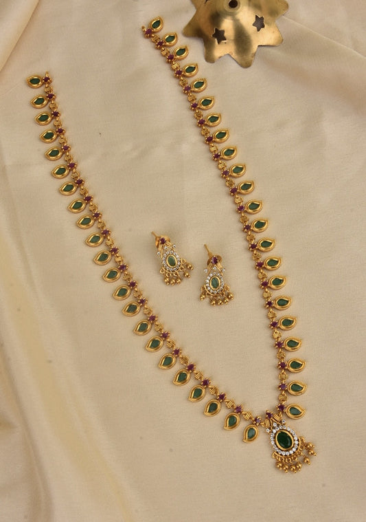 Premium Matt Finish Long Haram With Green Stones-Talish