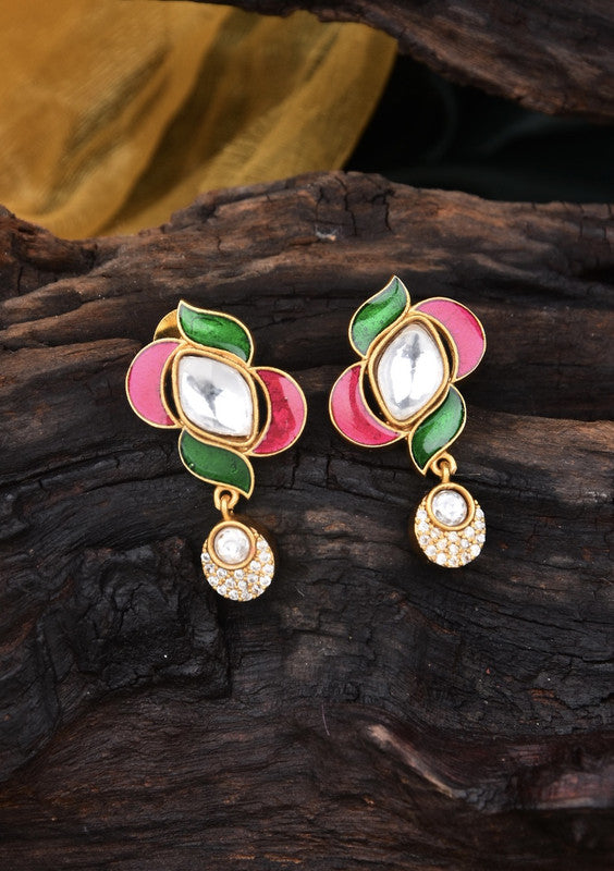 Gold and enamel earrings with green and pink floral design, featuring a central mirrored element and a dangling pearl-like bead.